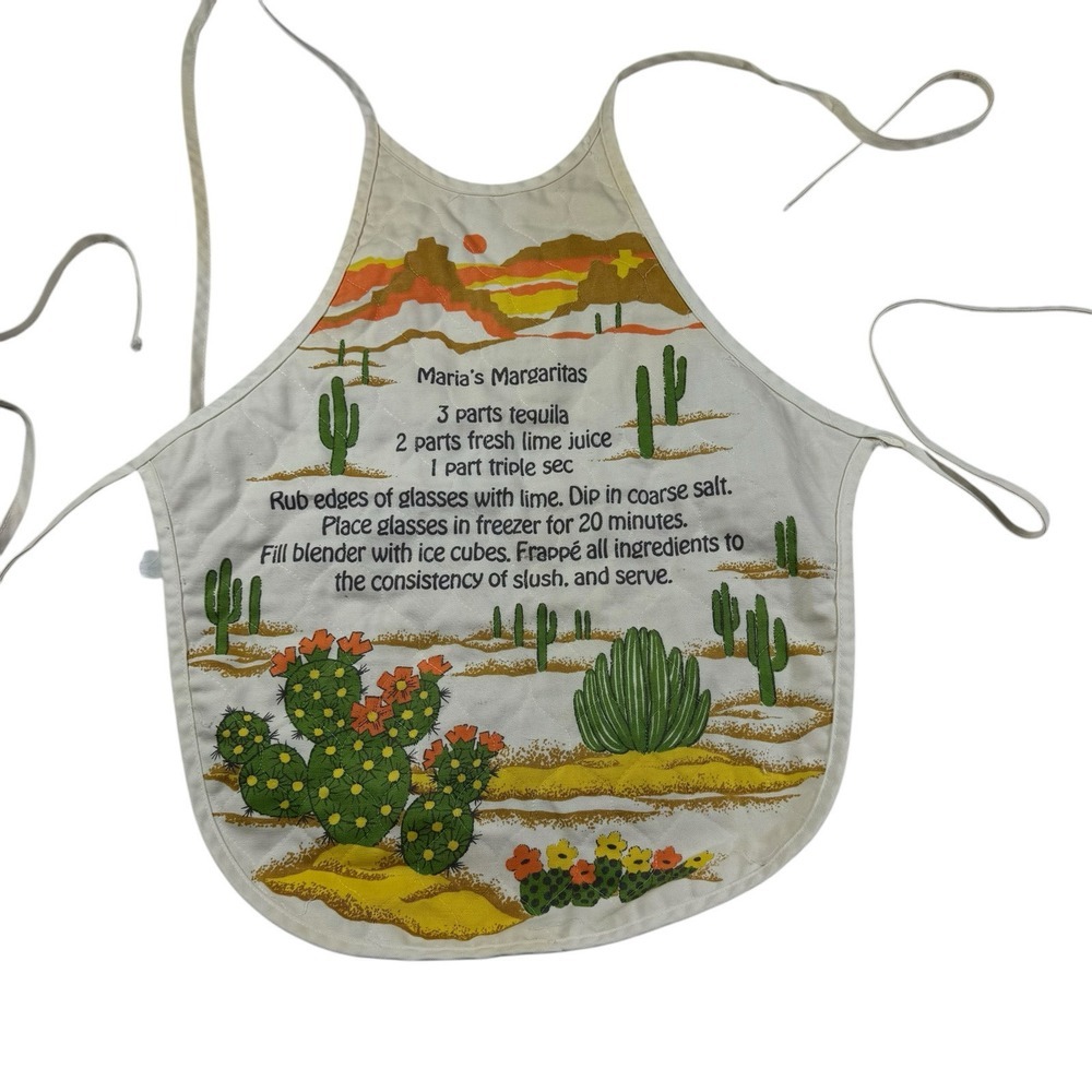 Vtg 70s Apron Cactus Maria's Margaritas Made in‎ USA Quilted Bar